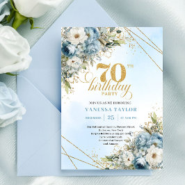 Convites Classic dusty blue watercolor florals 70 birthday