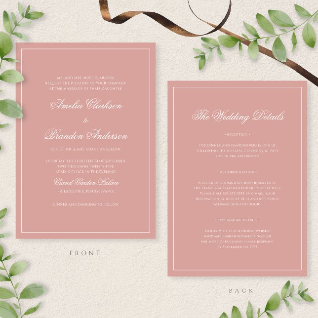 Convites Classic Dusty Rose Border Script Wedding Details & (Criador carregado)