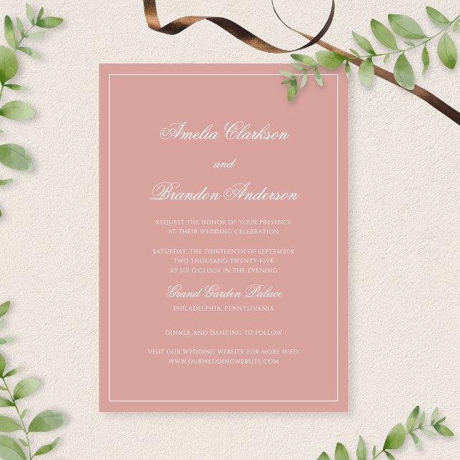 Convites Classic Dusty Rose & White Border Script Wedding (Criador carregado)