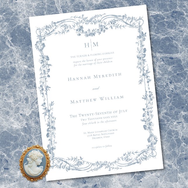 Convites Classic Elegant Blue Delicate Floral Frame Wedding (Classic Elegant Blue Delicate Floral Frame Wedding Invitation)