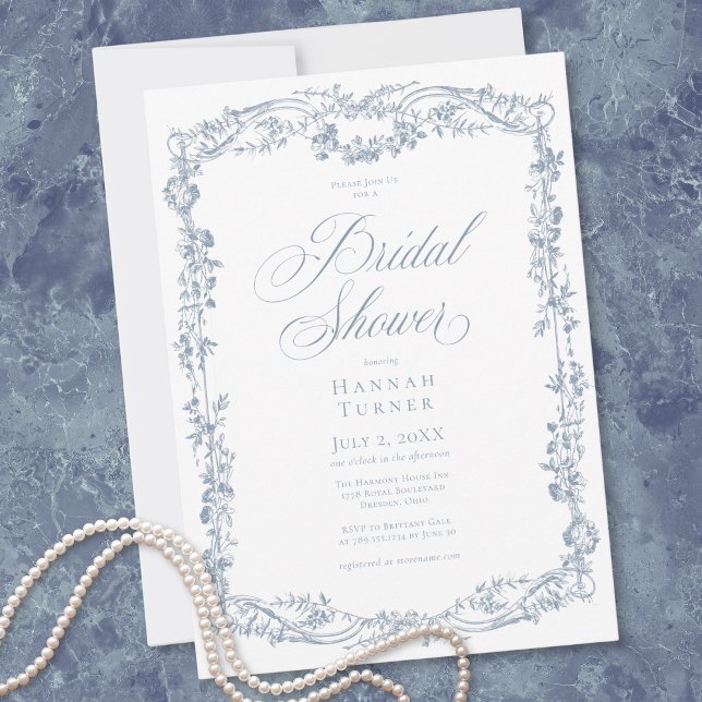 Convites Classic Elegant Blue Floral Frame Bridal Shower (Classic Elegant Blue Floral Frame Bridal Shower Invitation)