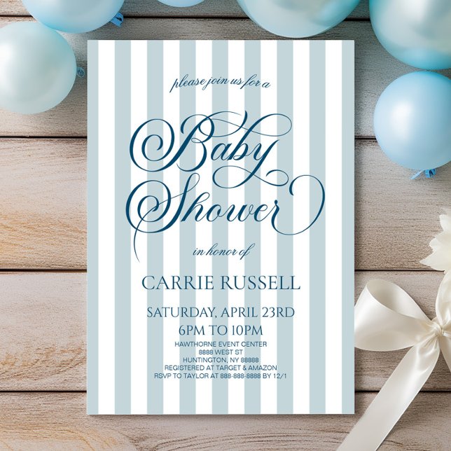 Convites Classic Elegant Blue Stripes Boy Baby Shower (Criador carregado)