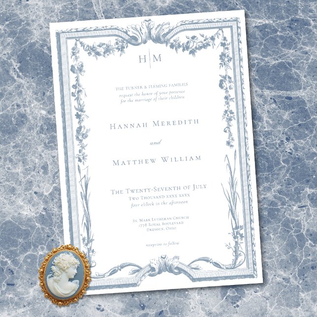 Convites Classic Elegant Dusty Blue Floral Frame Wedding (Classic Elegant Dusty Blue Floral Frame Wedding Invitation)