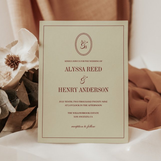 Convites Classic Elegant Ivory & Wine Red Monogram Wedding (Criador carregado)