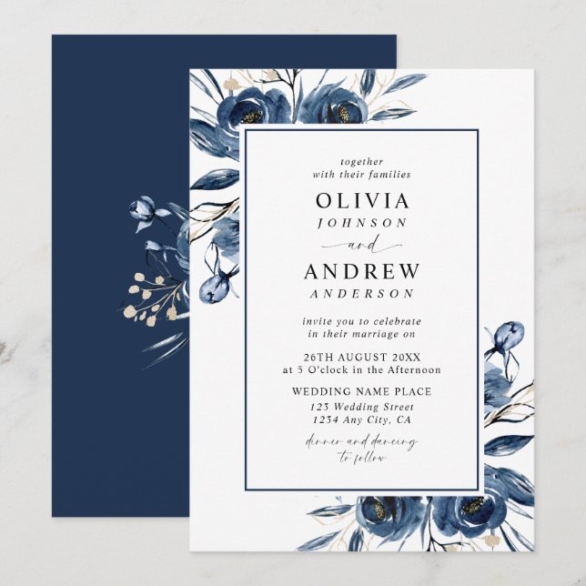 Convites Classic Elegant Navy Blue Watercolor Wedding (Frente/Verso)