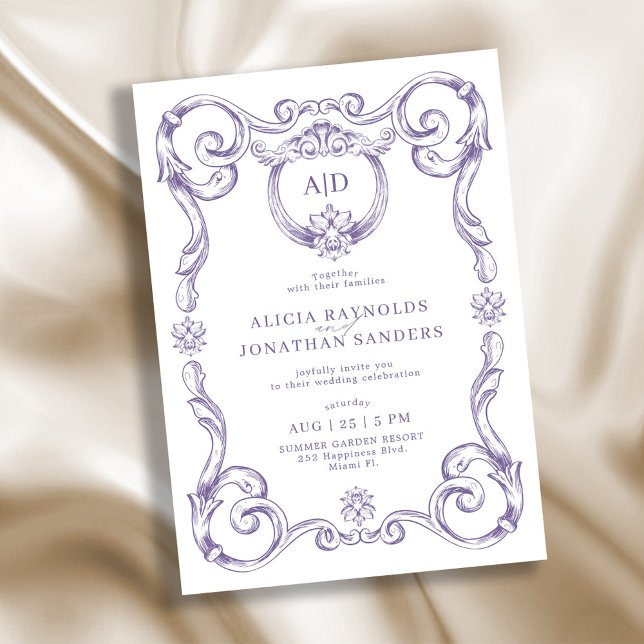 Convites Classic elegant rococo lavender monogram wedding (Criador carregado)
