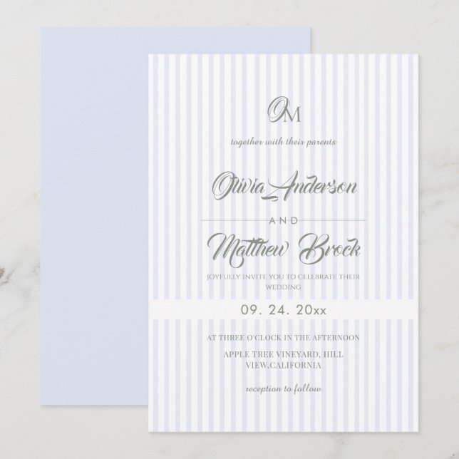 Convites Classic Elegant Sage & Blue Stripe Wedding (Frente/Verso)