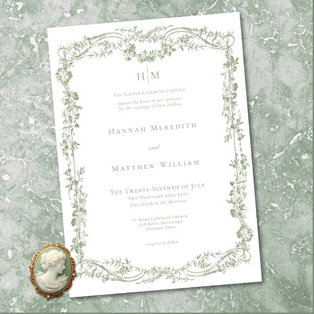 Convites Classic Elegant Sage Delicate Floral Frame Wedding (Classic Elegant Sage Delicate Floral Frame Wedding Invitation)