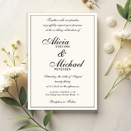 Convites Classic elegant script black and ivory wedding