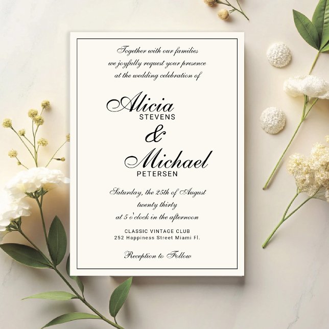Convites Classic elegant script black and ivory wedding (Criador carregado)