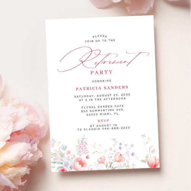 Convites Classic elegant script floral retirement party (Criador carregado)