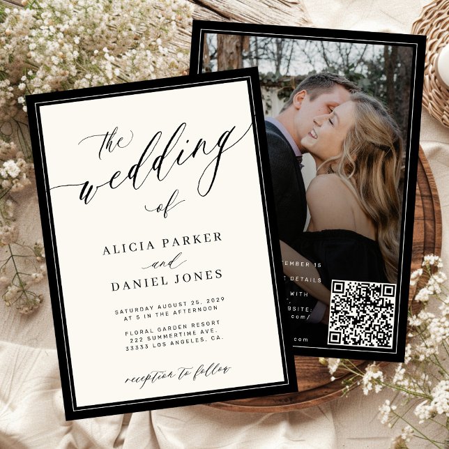 Convites Classic elegant script QR code photo wedding (Criador carregado)