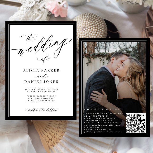 Convites Classic elegant script QR code photo wedding (Criador carregado)