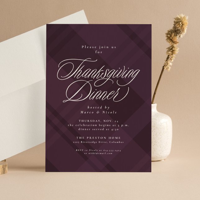Convites Classic fall purple plaid Thanksgiving Dinner (Criador carregado)