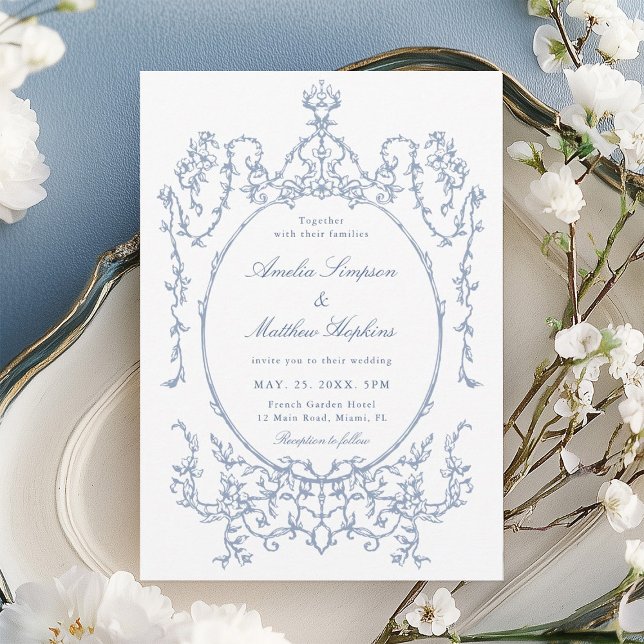Convites Classic Floral Frame Dusty Blue Wedding            (Criador carregado)