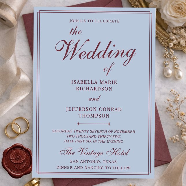 Convites Classic French Blue & Burgundy Old Money Wedding (Criador carregado)