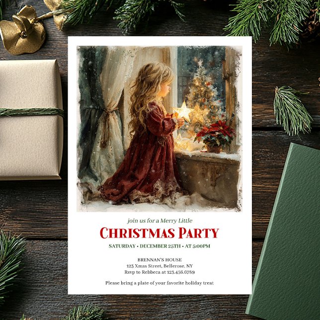 Convites Classic girl awaits Santa printable Christmas  (Classic girl awaits Santa printable Christmas invite)