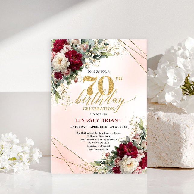 Convites Classic Gold Floral Happy 70th Birthday Invitation (Classic Gold Floral Happy 70th Birthday Invitation)