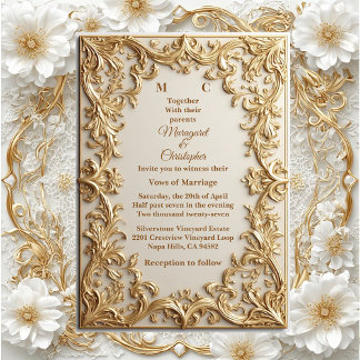 Convites Classic Gold Ornate Floral Motif Modern Typography