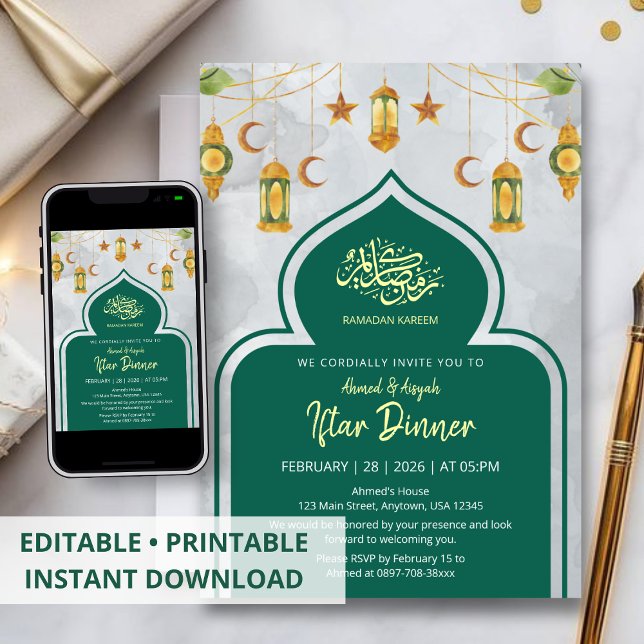 Convites Classic Green and Gold Islamic Iftar Dinner (Criador carregado)