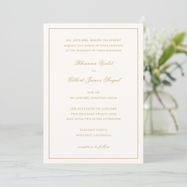Convites Classic Ivory and Gold Border Timeless Wedding (Em pé/Frente)