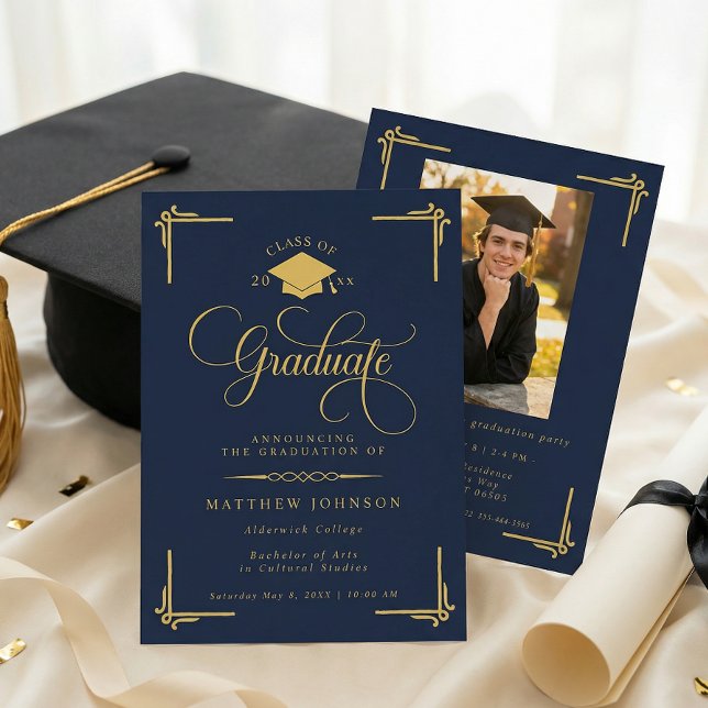 Convites Classic Navy Blue Gold Graduation (Criador carregado)