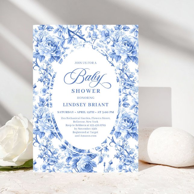 Convites Classic Navy Blue Toile Rose Baby Shower Invites (Classic Navy Blue Toile Rose Baby Shower Invitation)
