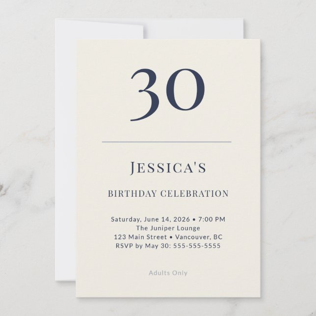 Convites Classic Navy & Cream 30th Birthday Celebration (Frente)