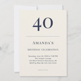 Convites Classic Navy & Cream 40th Birthday Celebration Inv