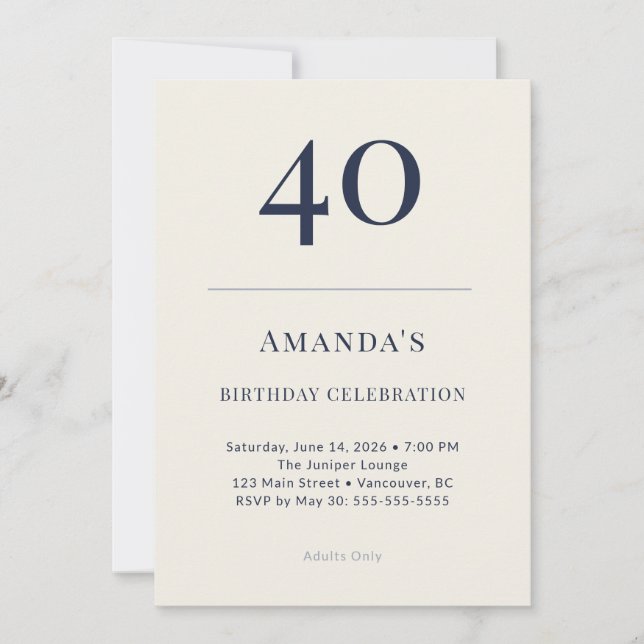 Convites Classic Navy & Cream 40th Birthday Celebration Inv (Frente)
