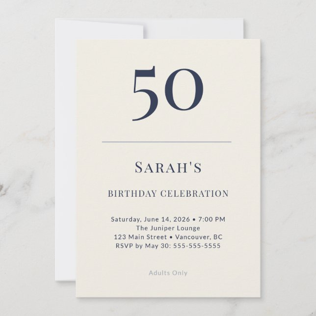 Convites Classic Navy & Cream 50th Birthday Celebration (Frente)