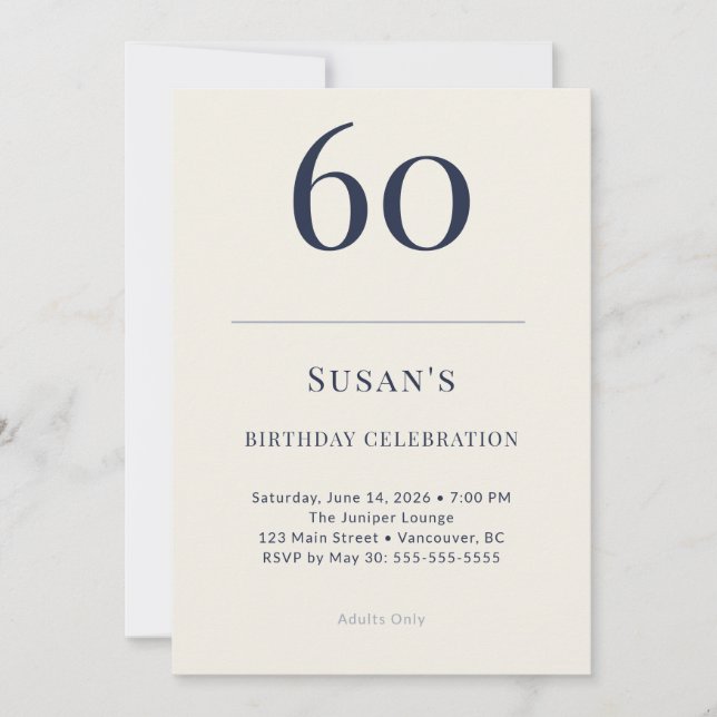 Convites Classic Navy & Cream 60th Birthday Celebration (Frente)
