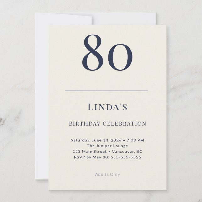 Convites Classic Navy & Cream 80th Birthday Celebration (Frente)