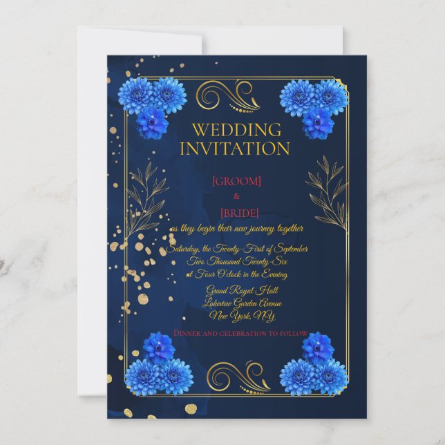 Convites Classic Navy Floral Wedding Invite Template (Frente)
