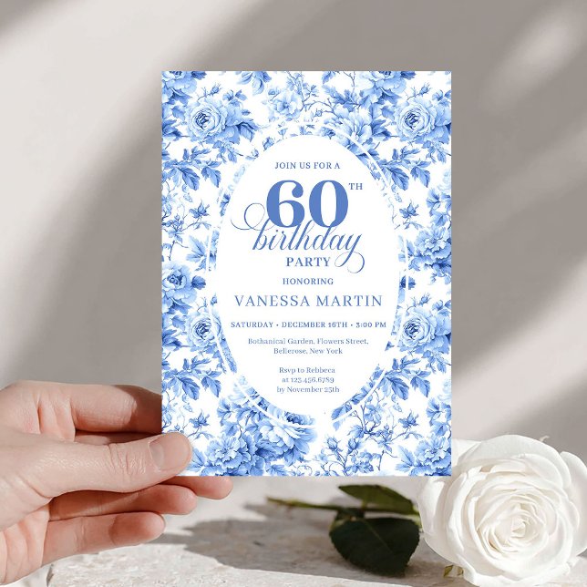 Convites Classic Navy Toile Roses 60th Birthday Invite  (Classic Navy Toile Roses 60th Birthday Invite Print

)