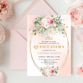 Convites Classic Pastel Pink Rose Gold Quinceañera Invite