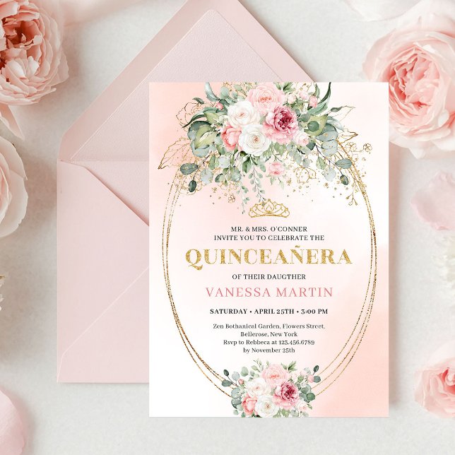 Convites Classic Pastel Pink Rose Gold Quinceañera Invite (Classic Pastel Pink Rose Gold Quinceañera Invite

)