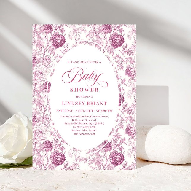 Convites Classic Pink and White Roses Toile Baby Shower  (Classic Pink and White Roses Toile Baby Shower Invite)