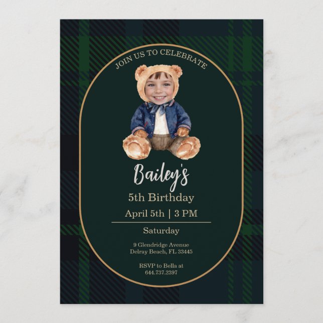 Convites Classic Plaid Little Bear Birthday Photo (Frente)