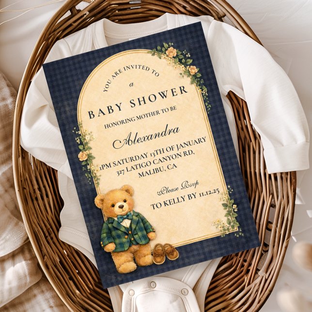 Convites Classic Plaid Nursery Teddy Baby Shower (Criador carregado)