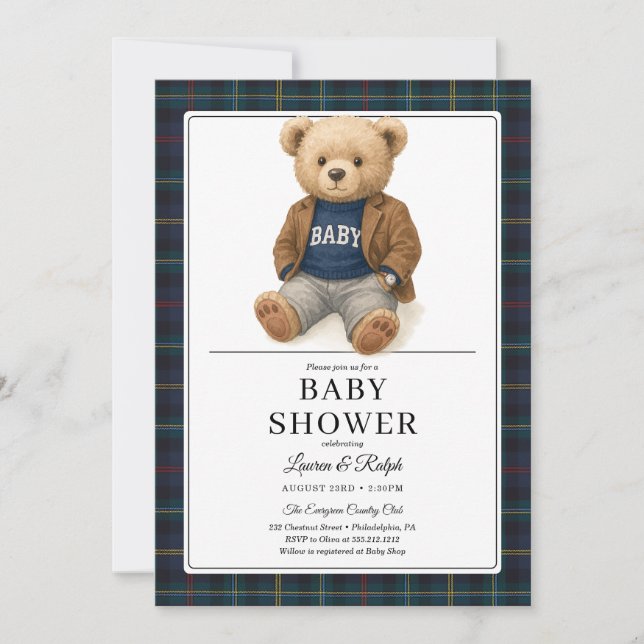 Convites Classic Plaid Teddy Bear Baby Shower (Frente)