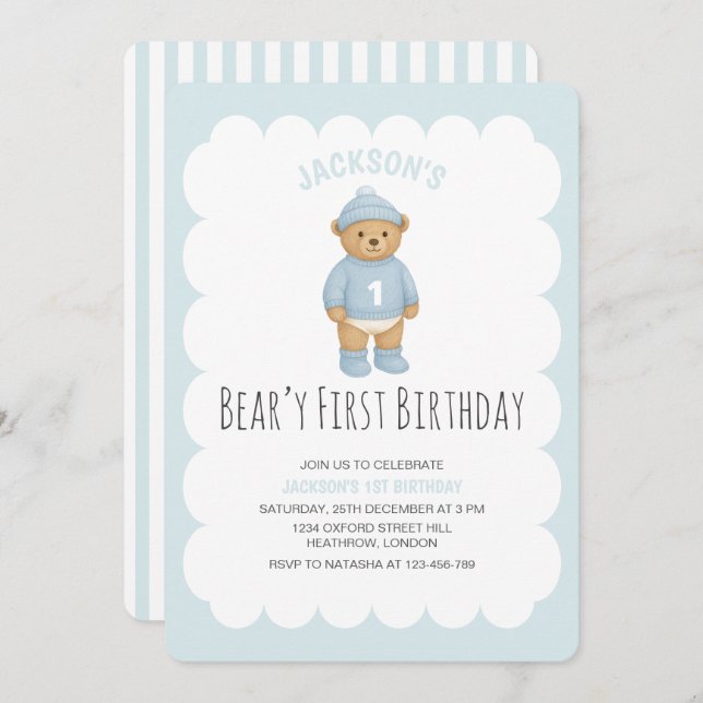Convites Classic Preppy Bear Blue Boy Birthday (Frente/Verso)