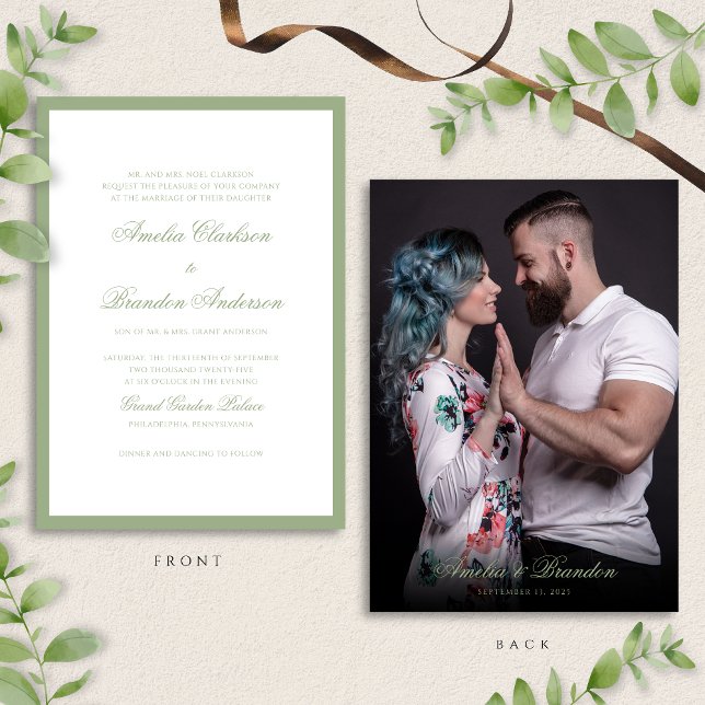 Convites Classic Real Sage Green Script & Photo Wedding (Criador carregado)