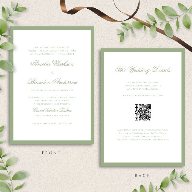 Convites Classic Real Sage Green & White Wedding QR Code (Criador carregado)