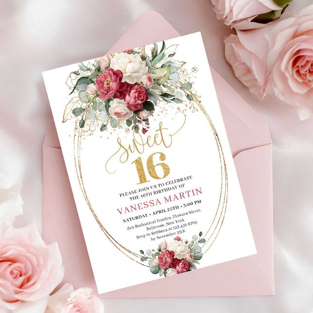 Convites Classic Red Blush Floral Sweet 16 Birthday Invite (Classic Red Blush Floral Sweet 16 Birthday Invitation)