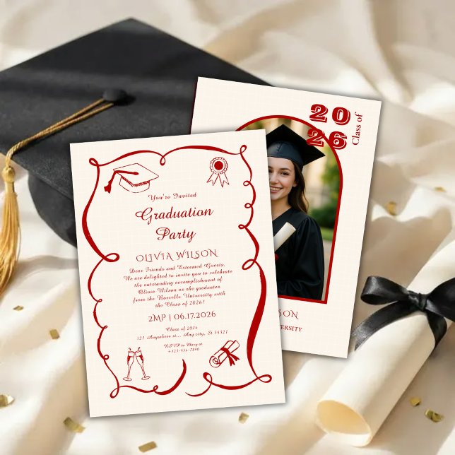 Convites Classic Red Graduation with Photo Party (Criador carregado)