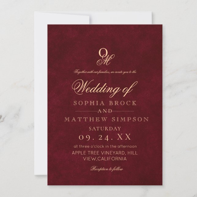 Convites Classic Romantic Minimal Burgundy Monogram Wedding (Frente)