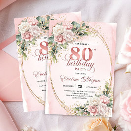 Convites Classic Rose Gold Floral Greenery 80th Birthday 