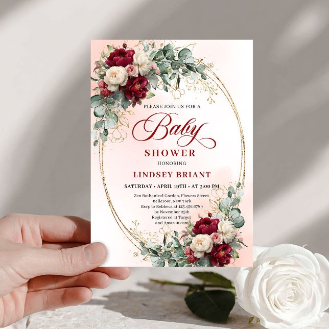 Convites Classic Rustic Deep Red Floral Baby Shower Invite (Classic Rustic Deep Red Floral Baby Shower Invite)