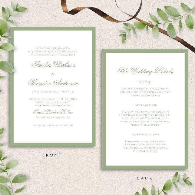 Convites Classic Sage Green Border Script Wedding Details & (Criador carregado)